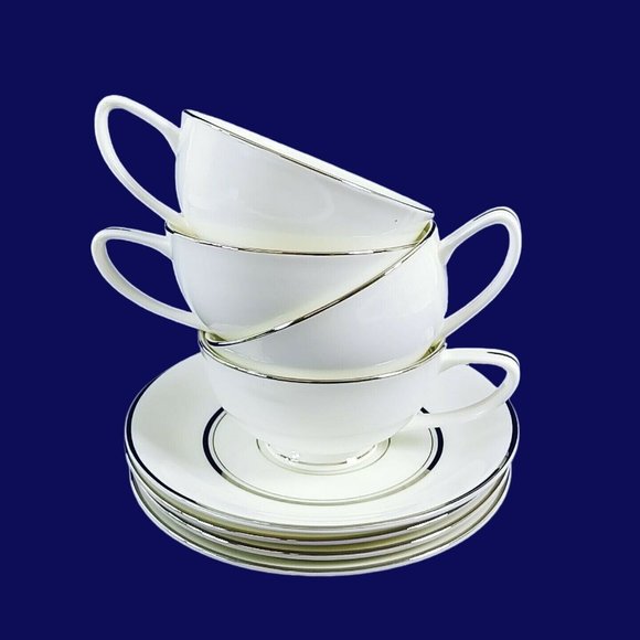 Fukagawa Other - Cup Saucer Set Imperial Fukagawa Porcelain China Silver Trim 4 Cups 4 Saucers